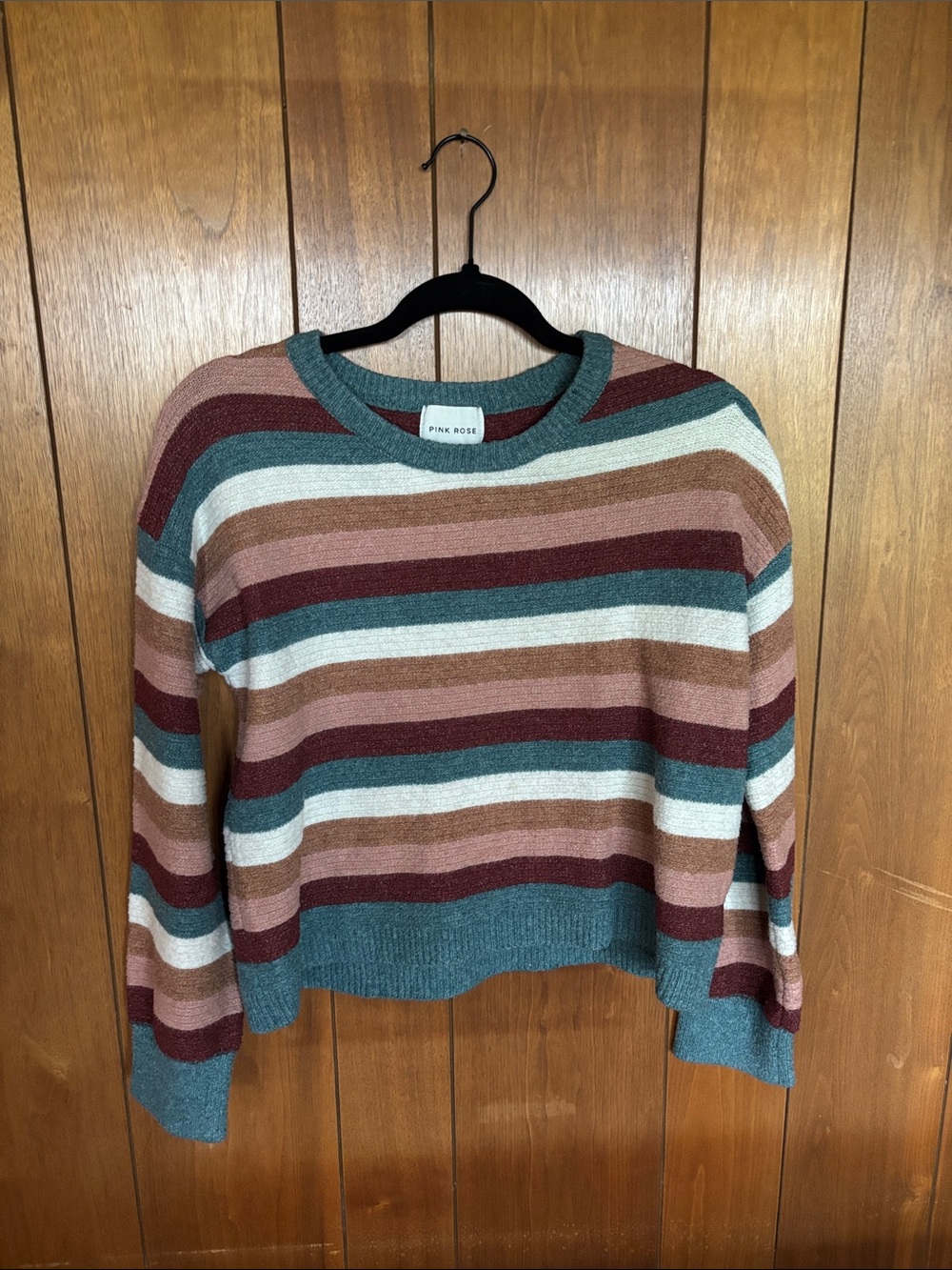 Pink Rose Multicolor Striped Sweater - Teal, Burgundy, Rust, Cream